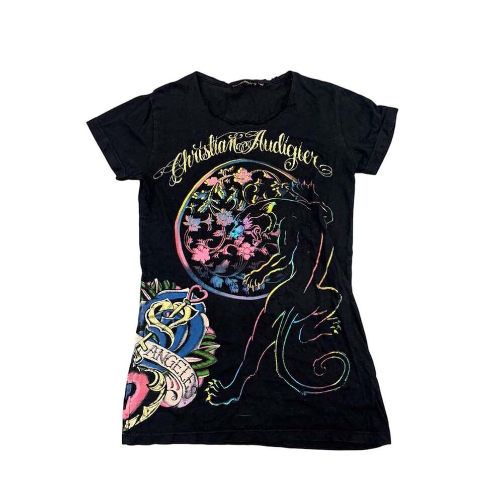 Christian Audigier Los Angeles Panther Floral Tattoo Graphic Black T-Shirt